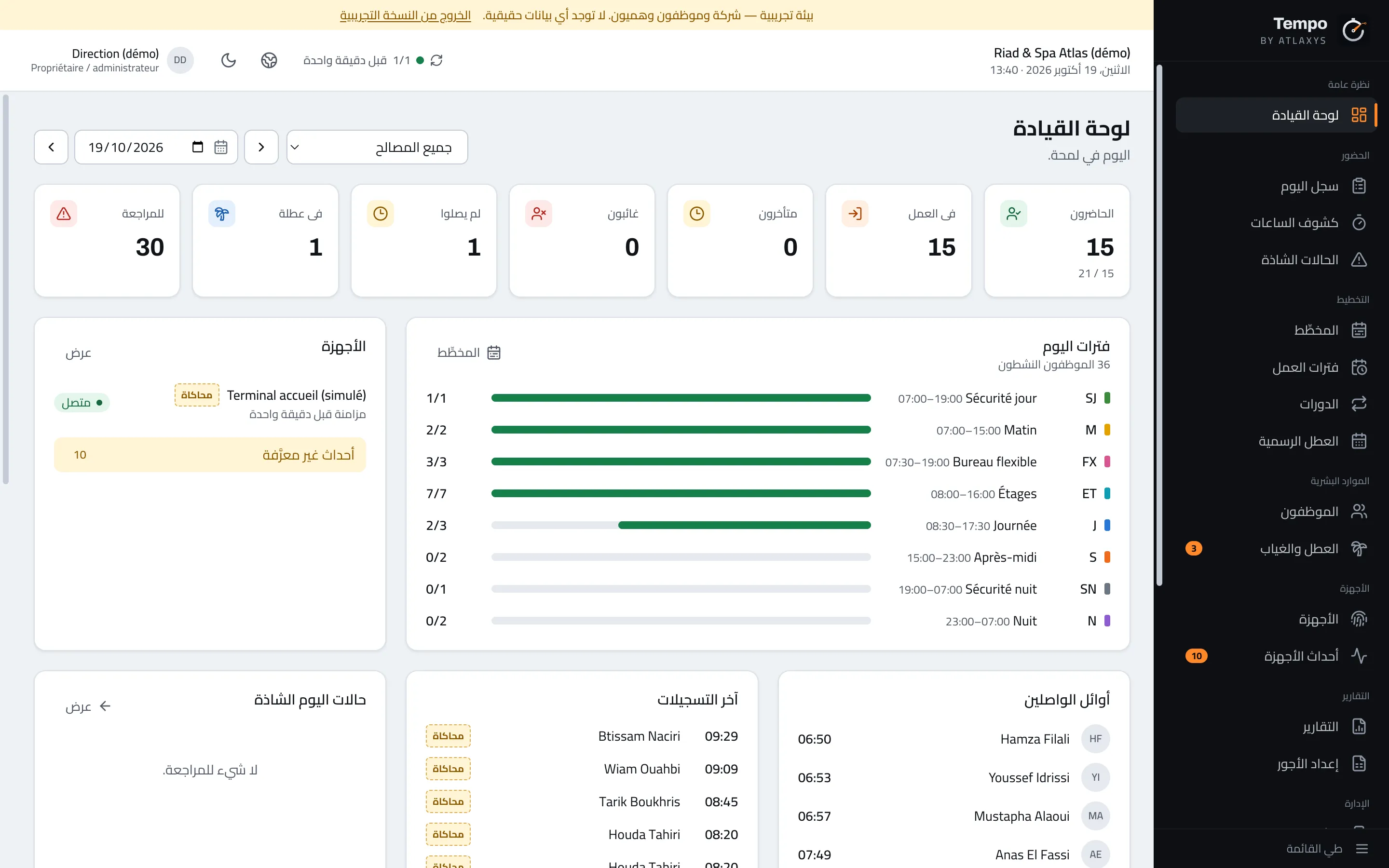 لوحة قيادة Atlaxys Tempo: الحاضرون والمتأخرون والغائبون وفترات العمل وآخر التسجيلات