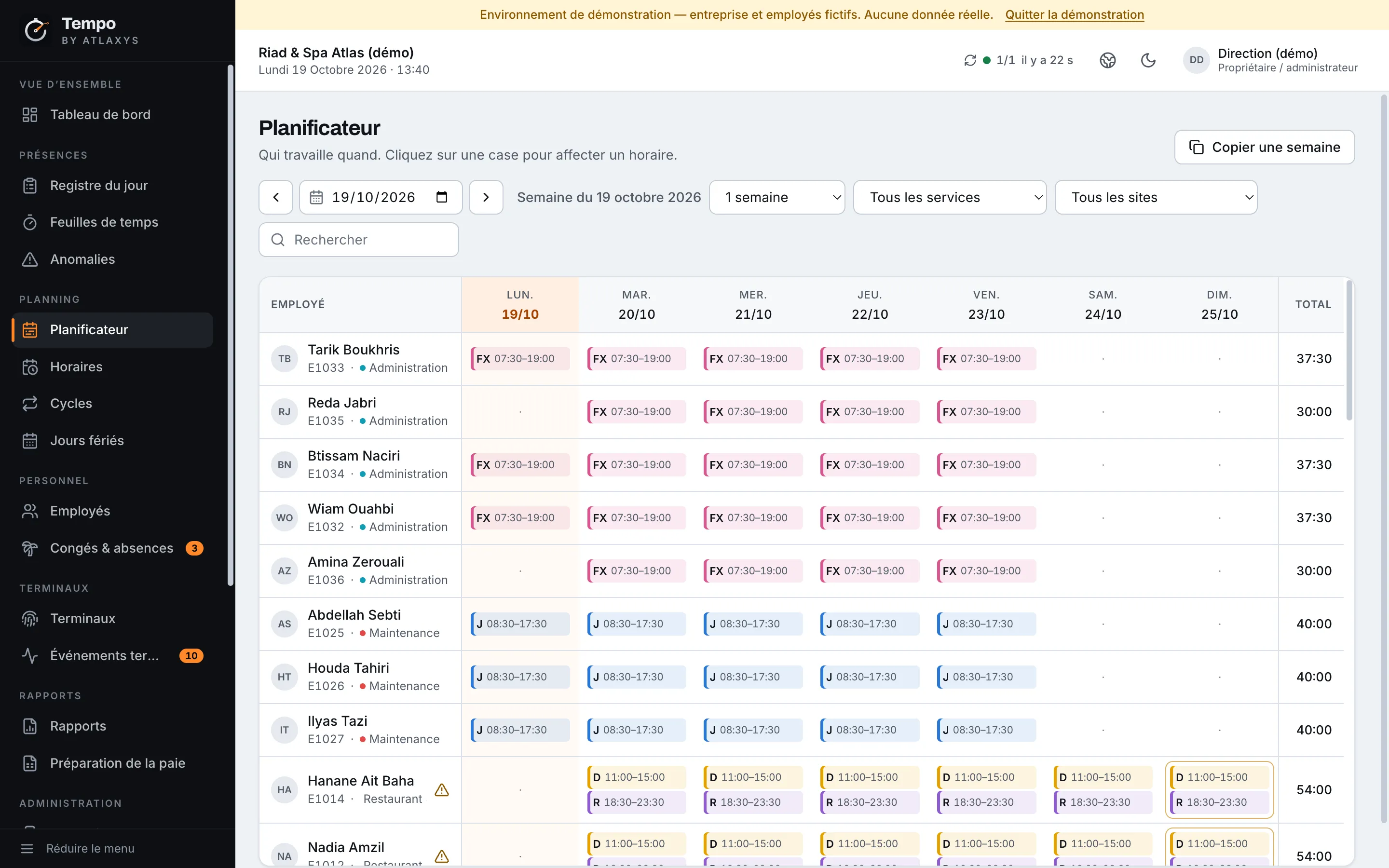 Weekly shift planner with coverage line (French interface)