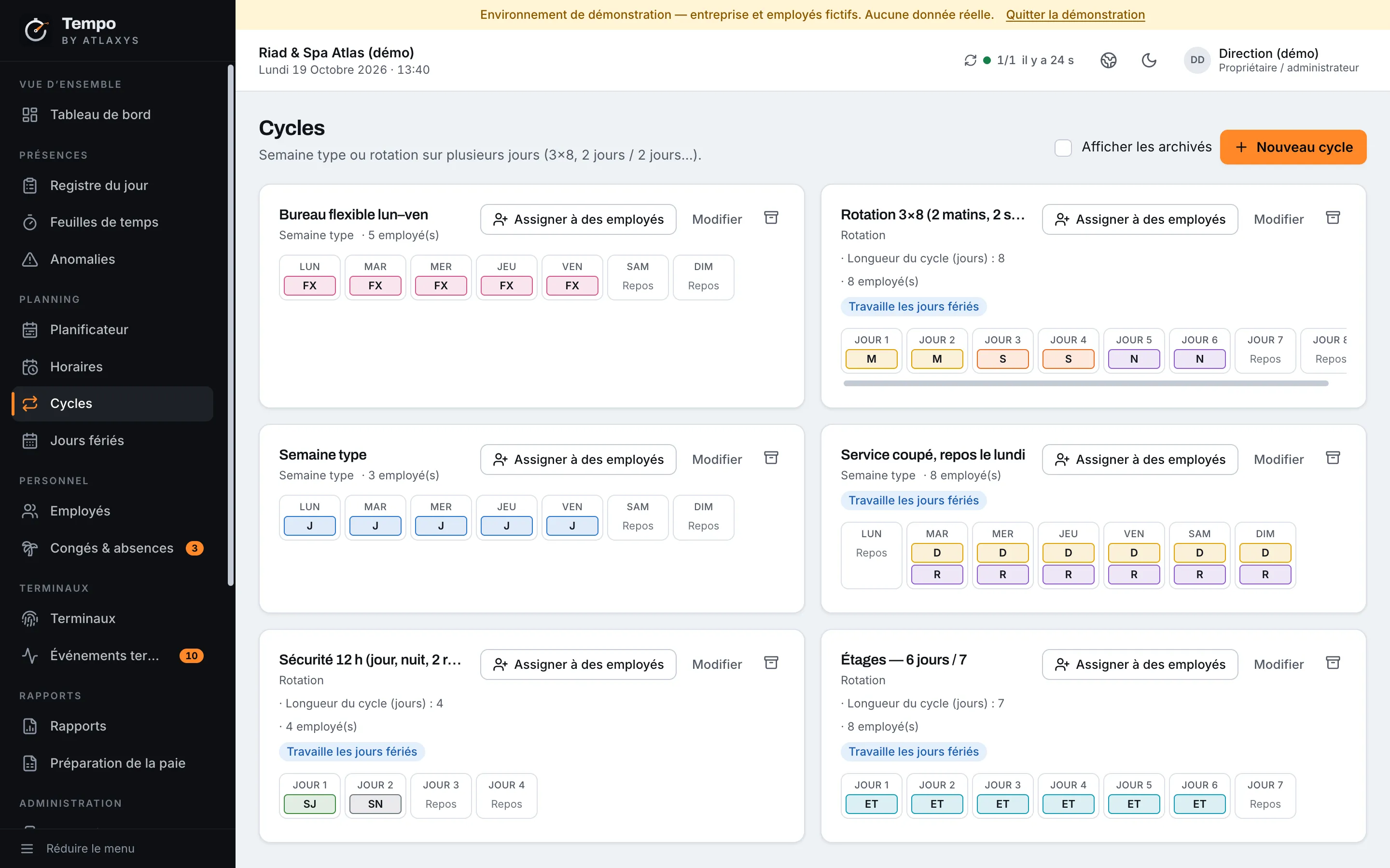 Cycle settings: standard week and multi-day rotations (French interface)