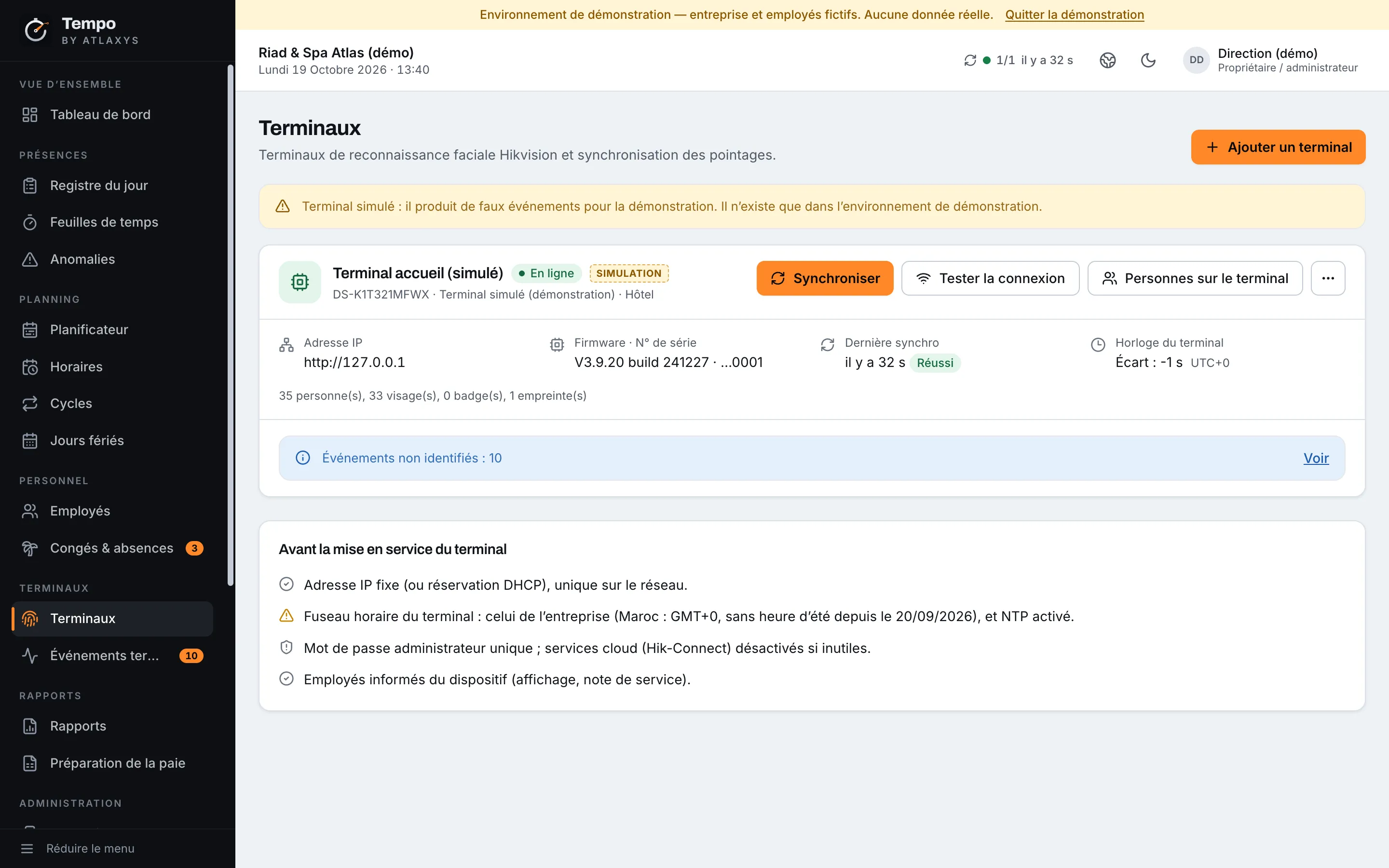 Liste des terminaux de pointage avec état de connexion et dernière synchronisation