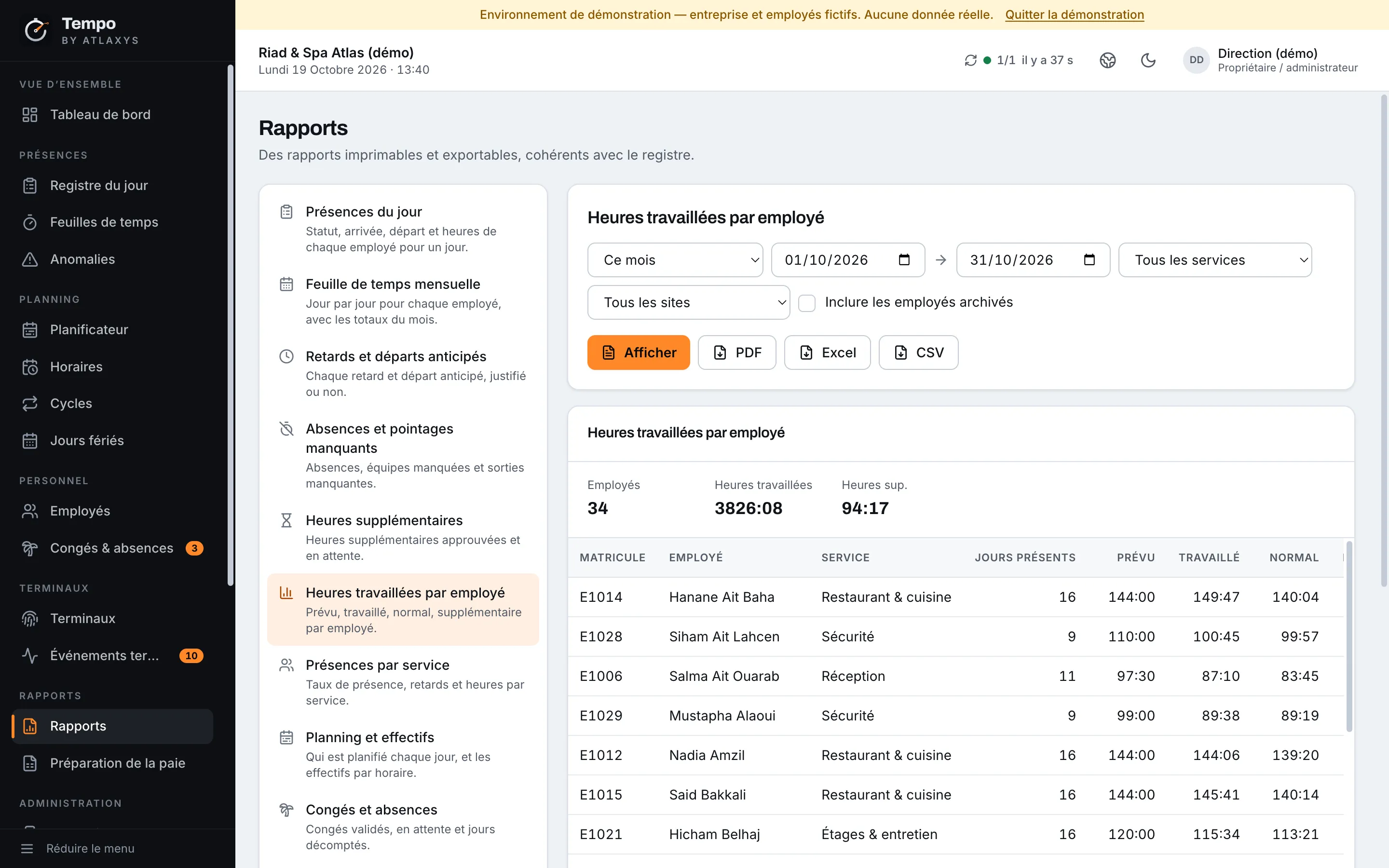 Choix des rapports de présence exportables en PDF, Excel et CSV