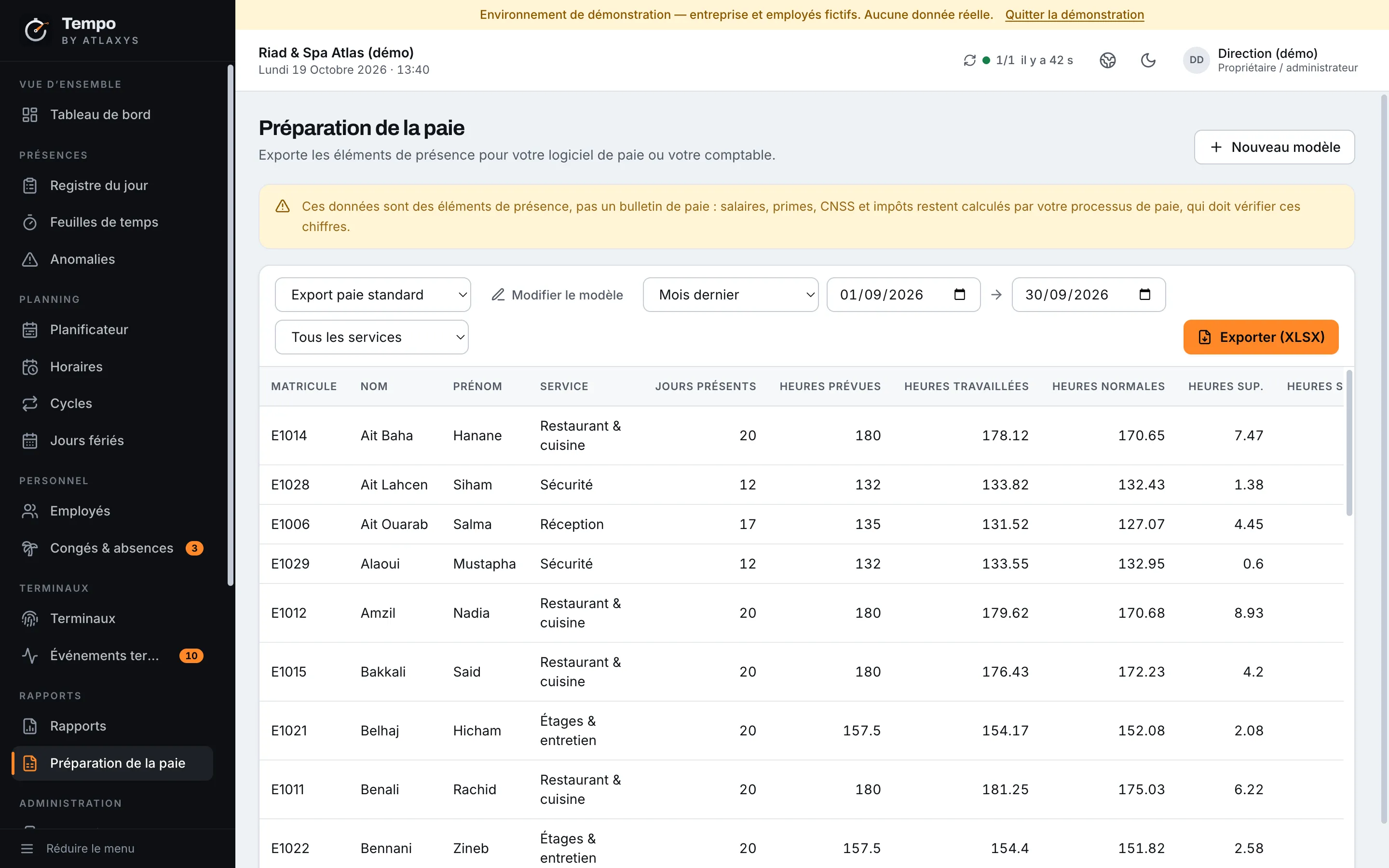 Payroll preparation export using a column template (French interface)